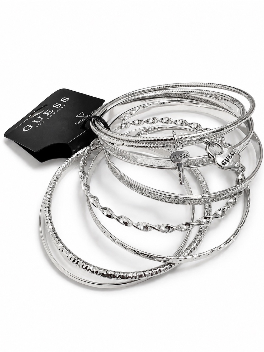 GUESS Silver-Tone Stacked Bangle Bracelet Set with Charms